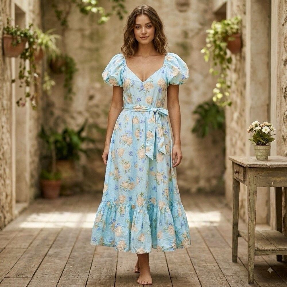 LoveShackFancy x Target Blue Floral Puff Sleeve Midi Dress Sz 8 New Cottagecore